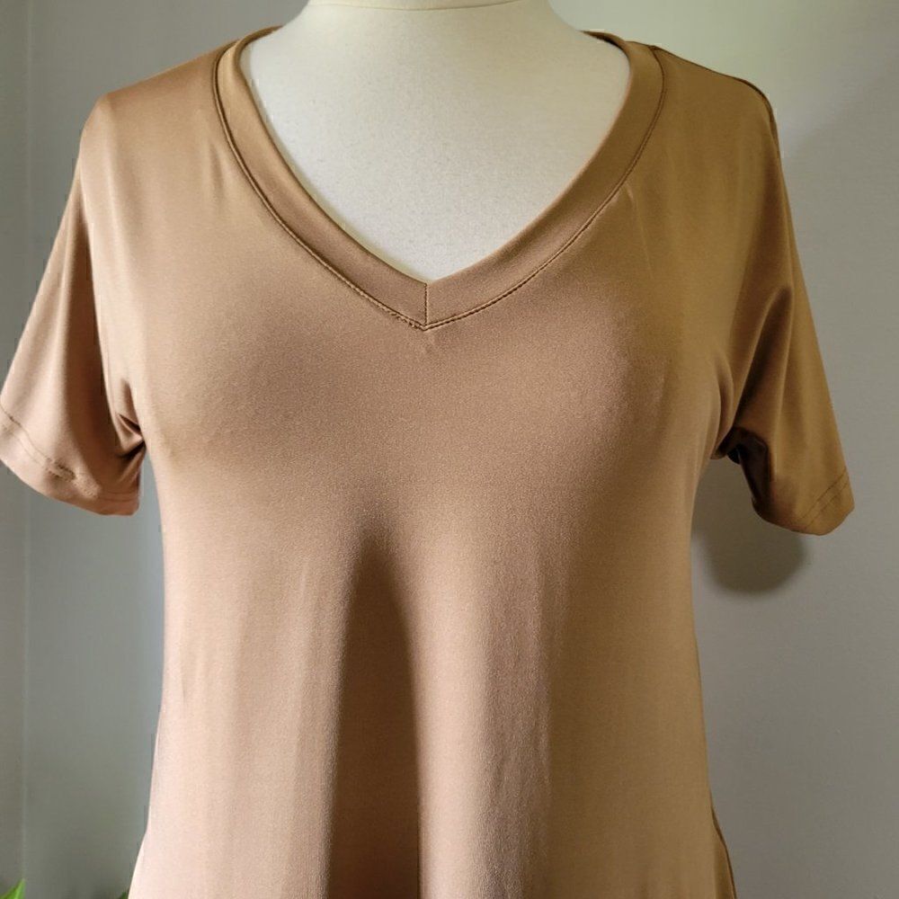 NWT HUSKARY TAN SLIT SIDE MAXI SHIRT DRESS V NECK S/M - Picture 13 of 16